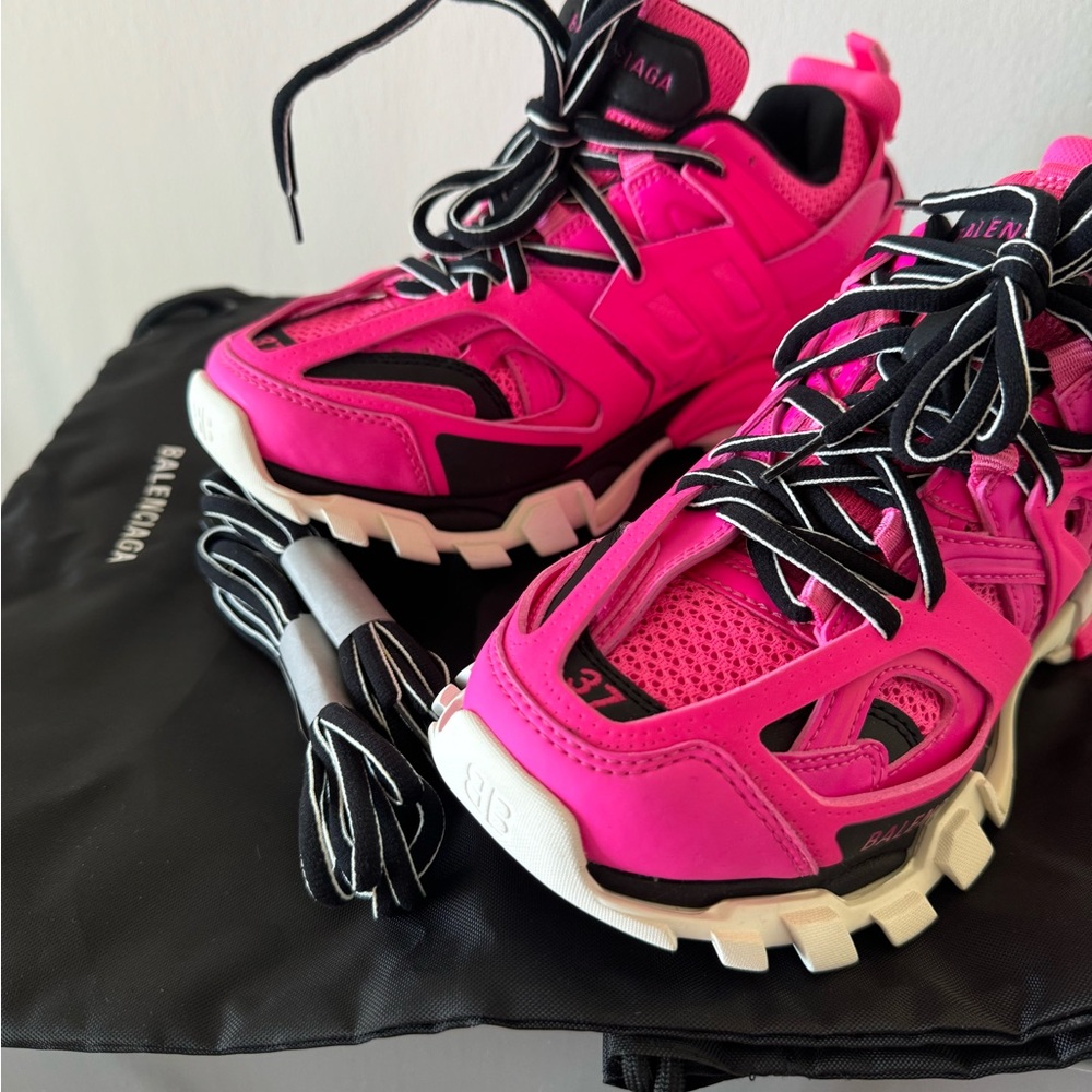 Balenciaga Fucsia/black /white track sneakers. New with athletic bag and box.